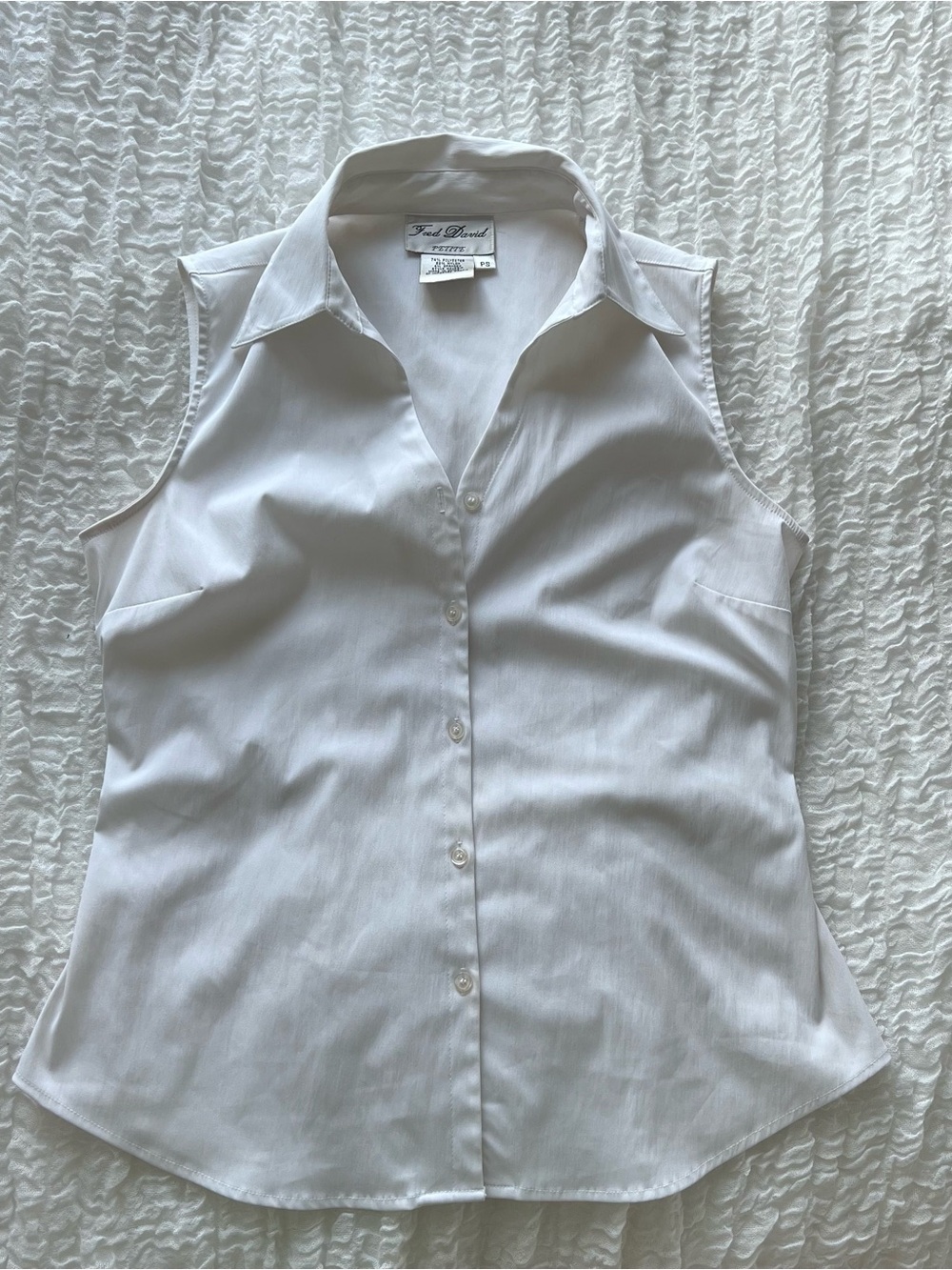 Fred David Petite Sleeveless Collared Button Up Top White PS